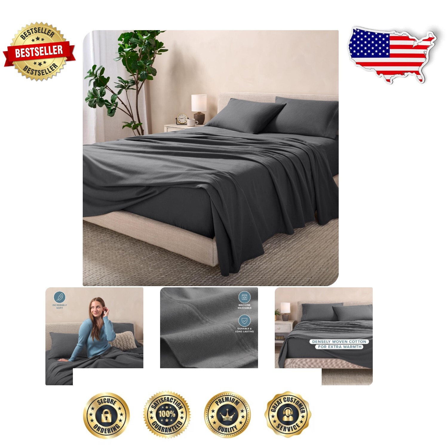 4 Piece Full Flannel Sheet Set in Soft Grey - Heavyweight & Machine Washable