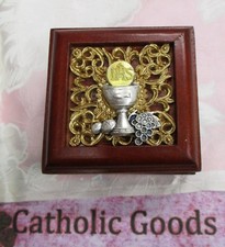 Rosary Box - Holy Communion Chalice Design Mahogany Finished - Hinged