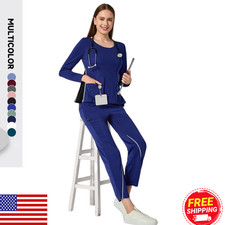 Crew Neck Long Sleeve Top Pants Nursing Scrub Uniform Set for Women Workwear Set