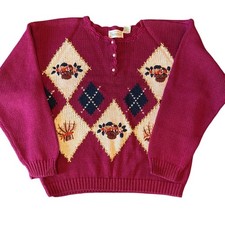 Preppy Vintage Argyle Fuchsia Pink Floral Embroidered Sweater L