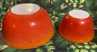 Pyrex #403 Mixing Bowl, Orange Red Ombre Flameglo 1970s 3-year run good/bad side