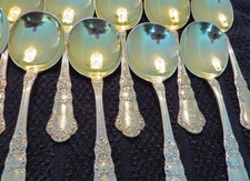 Antique Sterling Silver Set of 12 Vermeil Soup Spoons 20 oz