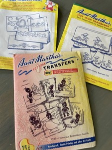 Set Of 3 50’s Aunt Martha’s Embroidery Iron On Patterns Dish Towels Pillowcases