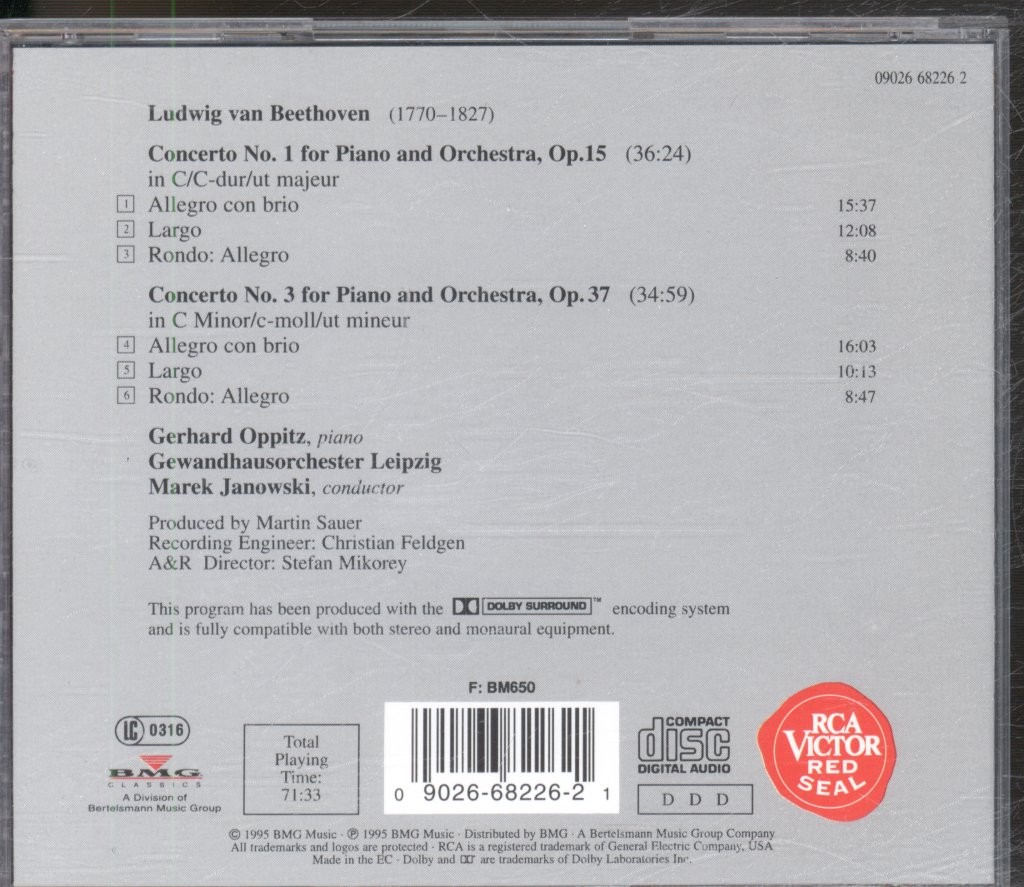 09026682262 Gerhard Oppitz Beethoven Piano Concertos I & III CD Europe Rca