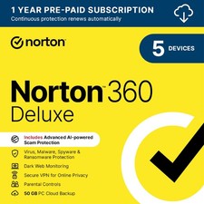 Norton 360 Deluxe Antivirus VPN 2026 5 Devices 1 Year - 5 Minute Delivery