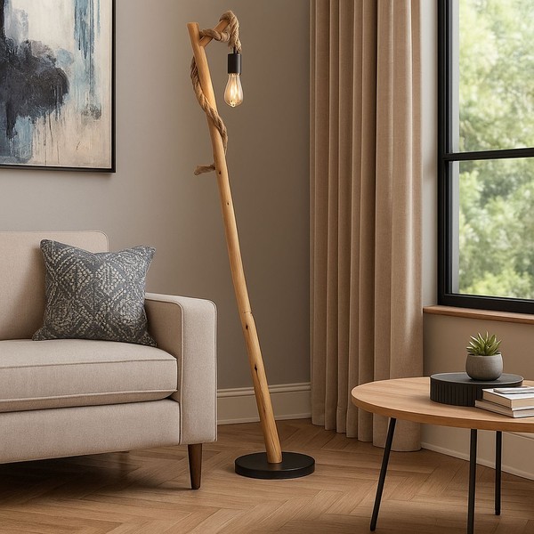 Stehleuchte Standleuchte Holz Stehlampe Landhausstil Hanfseil Metall HöHe 150Cm-image