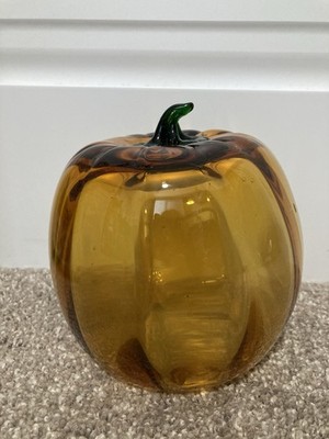 Blenko Hand Blown Glass Pumpkin Optic Amber with Green Stem 6'' Tall Vintage