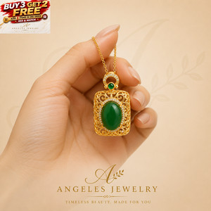 Authentic Green Jade Oval Crystal Pendant Necklace 18K Gold Plated Filigree