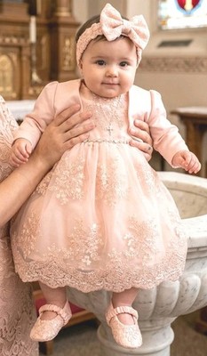 Taufkleid Baby Gr. 68 74 6-9M Kleid Taufe Party Spitze Stirnband Schuhe Bolero 