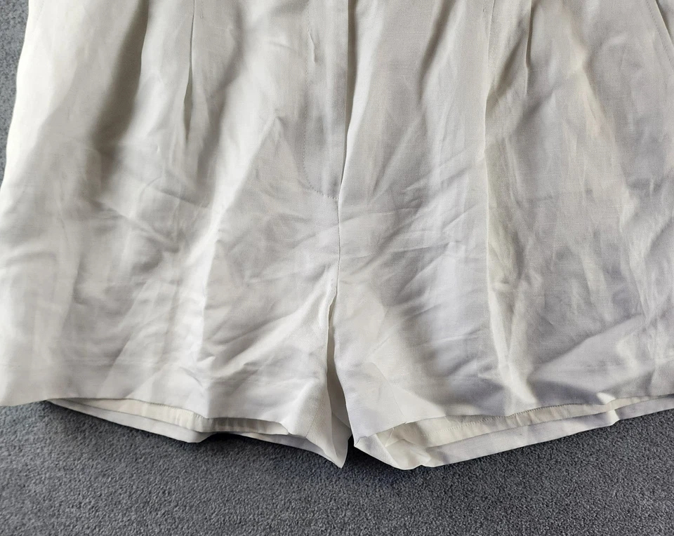 Pantalones Cortos DKNY Tiro Alto Plisados Delanteros Pierna Ancha Para Mujer 14 Marfil Lino Mezcla Gancho y Barra Foto 3 de 4