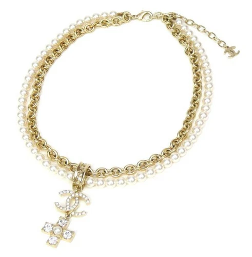 Girocollo CHANEL Coco Mark metallo cristallo perle oro bianco catena lunghezza 40 cm~