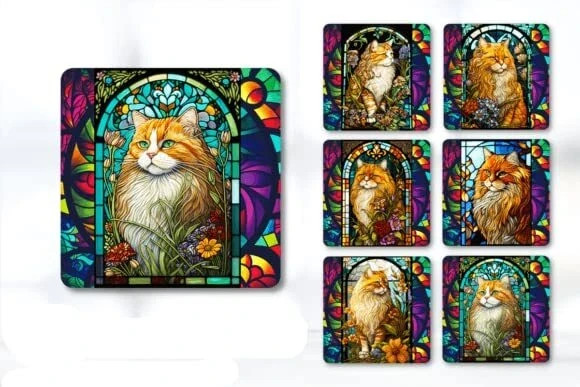 Set of 6 Square Cat MDF Coasters