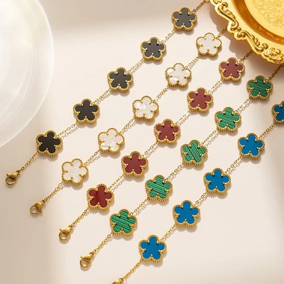 Classic Luxury Stainless Steel Bracelet Ladies Adjustable Five Flower Bracelets 