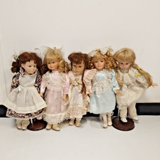 5 x Collector's Porcelain Dolls with Stands Blonde Brunette 16" - 17 1/2" Tall