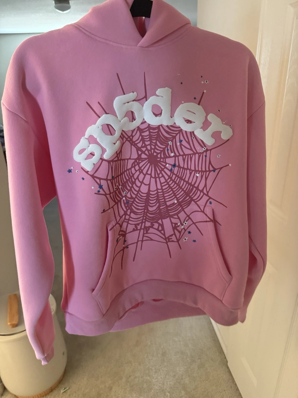 Spider Pink Web Graphic Logo Pullover Hoodie, Cotton Fleece, M