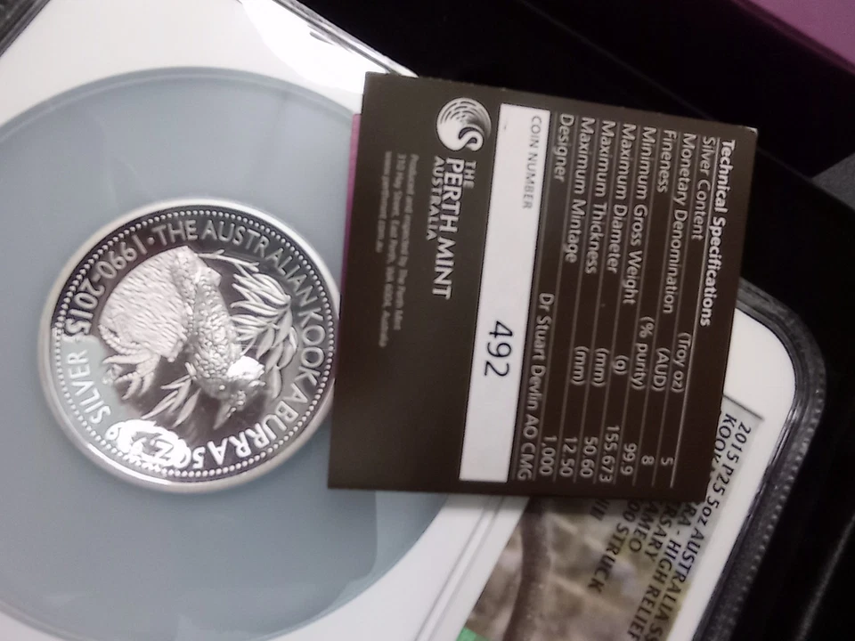 Perth Mint 25th Anniversary 2015 Kookaburra 5oz High Relief 999 Silver Proofcoin - Image 4 of 4