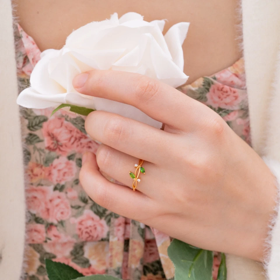 Anillo Hoja Diópsido Cristal Verde Apilable Banda Botánica Regalo Natural Foto 2 de 4