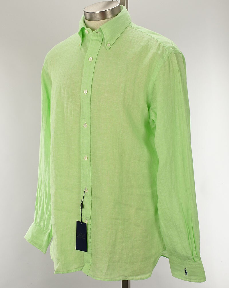 POLO RALPH LAUREN Lime Green Linen Custom Fit Long Sleeve Shirt LARGE NWT