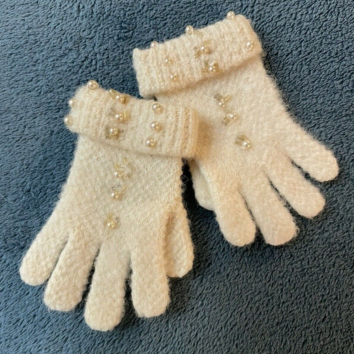 Exquisite Antique Ivory Knitted Beaded Baby Gloves