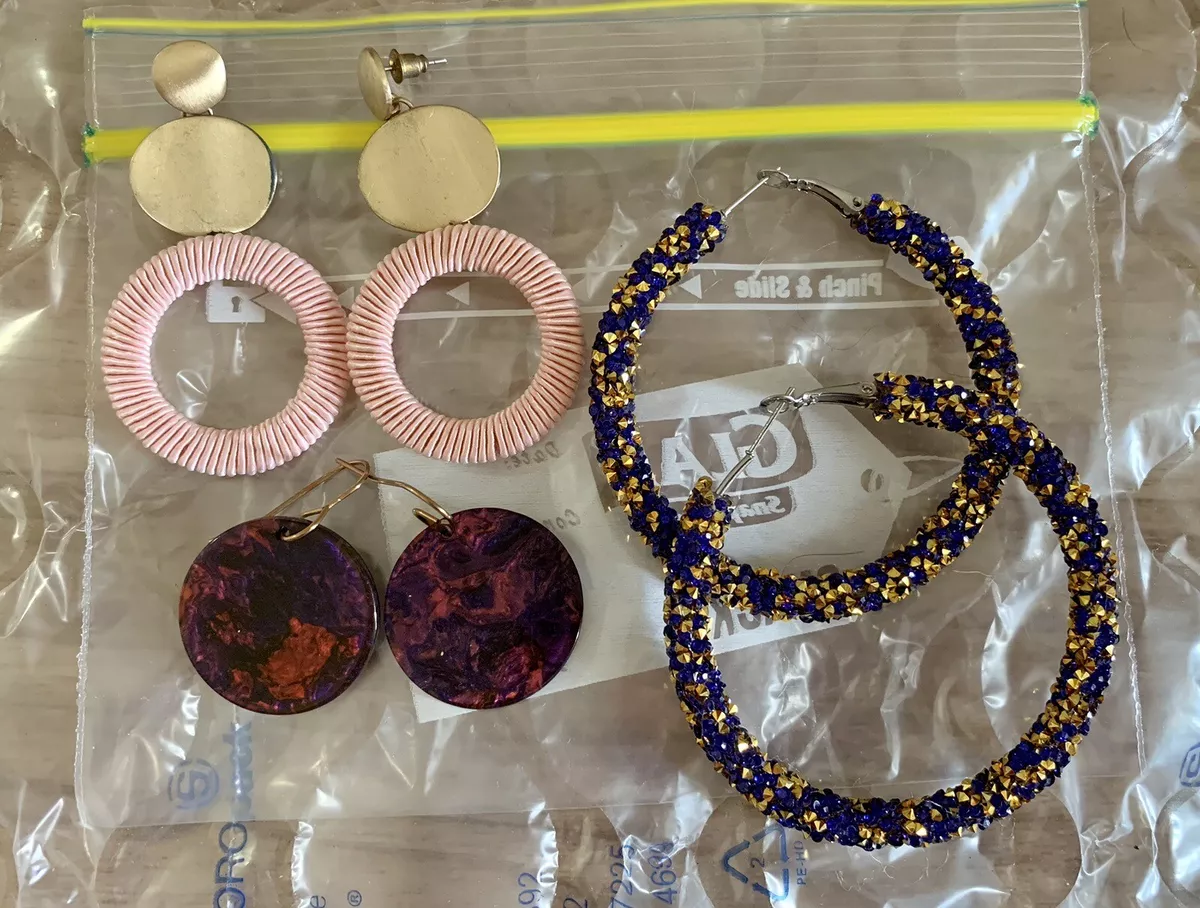 3 pairs pierced earrings inc pink circles gold tinsel large