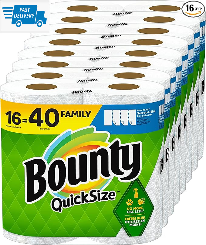 Bounty Quick-Size Paper Towels, White, 16 Family Rolls = 40 Regular Rolls