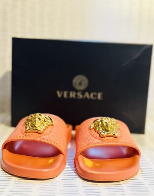 Versace Palazzo Pool Slides Sandals Bright Coral Size 38 MSRP