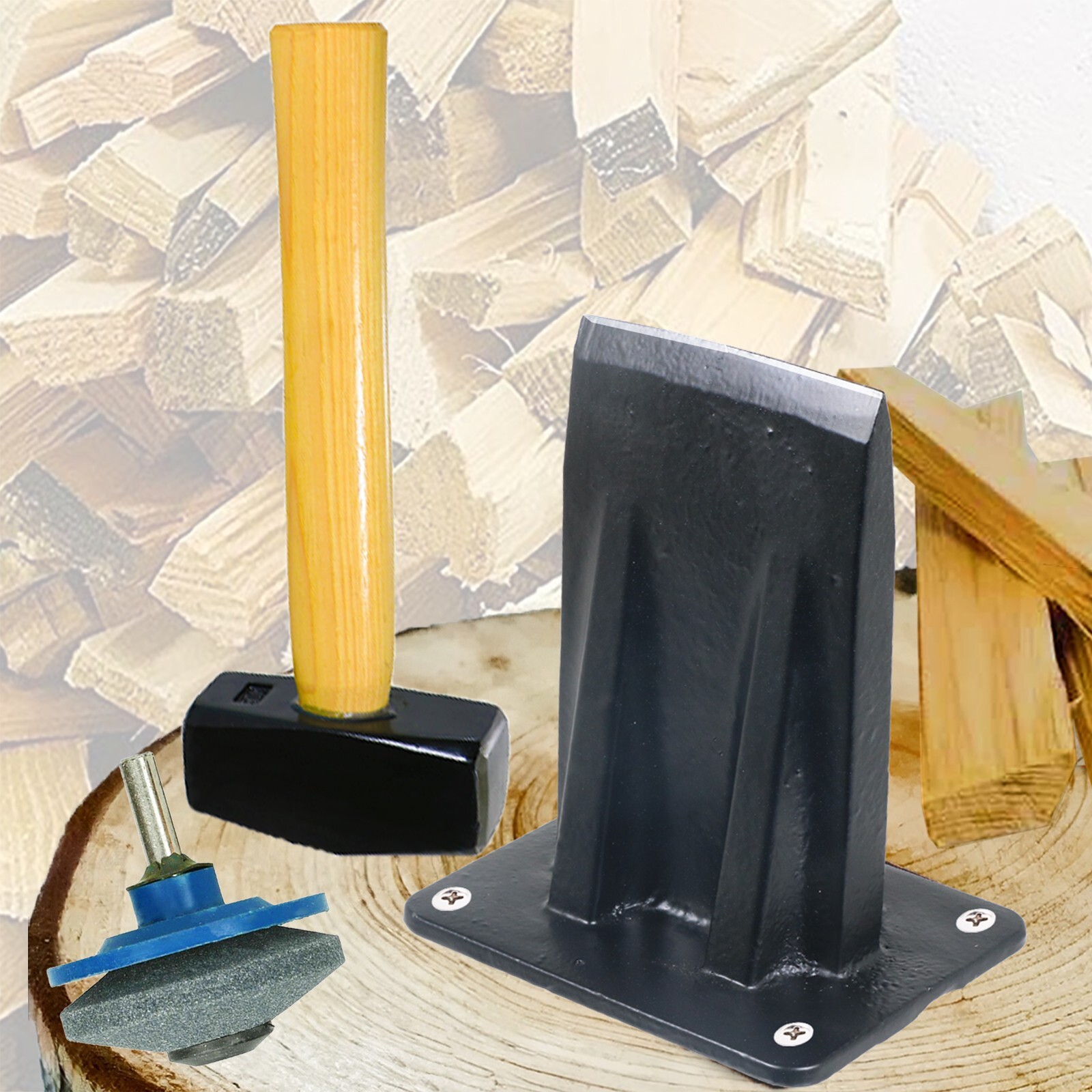 Kindling Splitter Lump Mallet Sharpener Log Fire Wood Splitting Chisel Kit