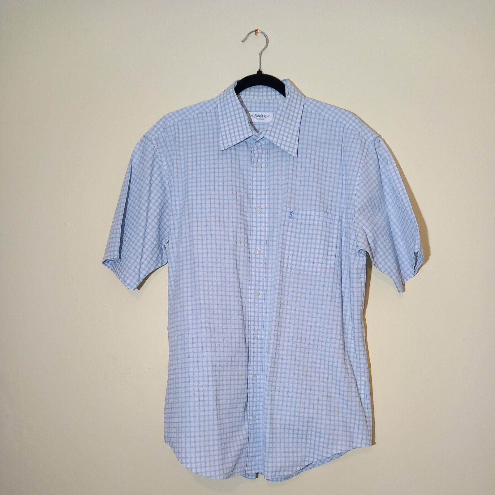 ? Camicia uomo YSL Yves Saint Laurent con bottoni blu quadri quadrati UK UM 19039?