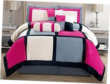 7 Piece Pink, Grey Color Bedding 104inchX 92inch Comforter Set Micro Suede
