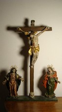 Alte Kirche Barock Holz Heiligen Figur Kreuzigungsgruppe memento Totenkopf 18.Jh