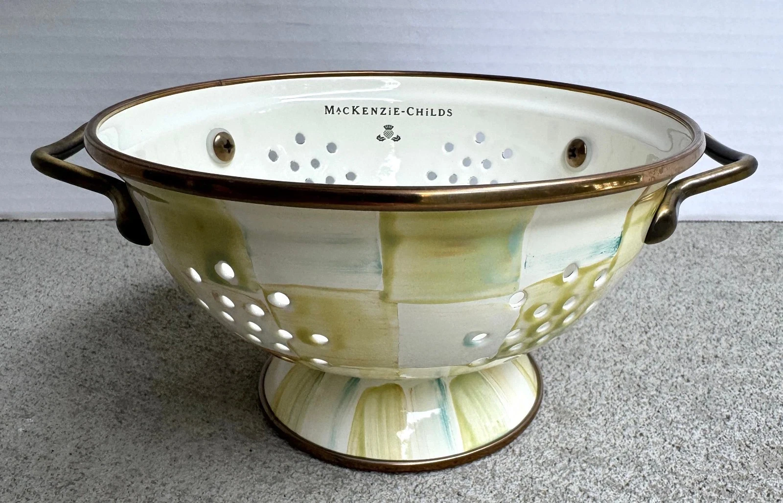 MacKenzie-Childs Parchment check Small Colander Rare Retired designer enamelware