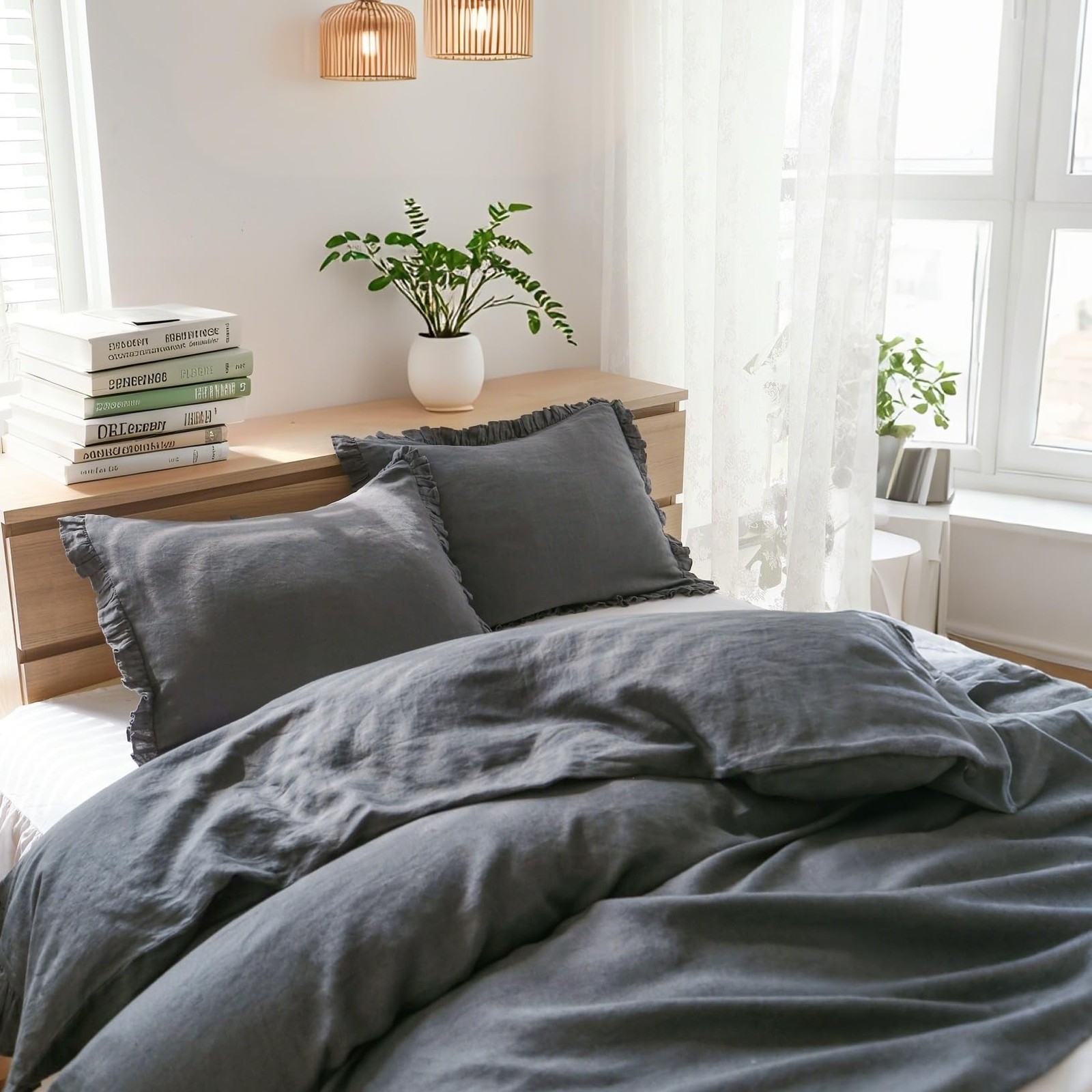 Simple&Opulence 100% Linen Duvet Cover Set, 3 PCS Natural French Flax Dark Gr...