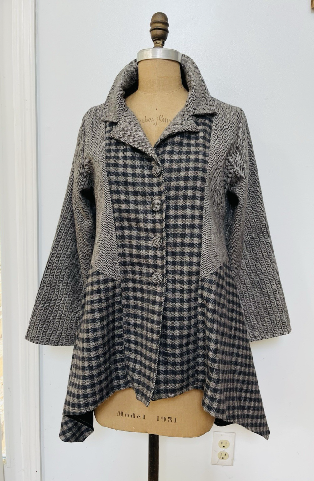 Paper Lace Duster Jacket Gray & Black Herringbone Tweed Wool Patchwork Size M