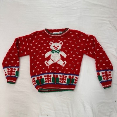 Vintage Jitterbug Teddy Bear Christmas Sweater Kids Size L 14 Red Holiday Knit