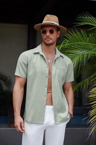 Men's Casual Linen Beach Shirt Button Down Summer Shirt Hawaiian Shirts - Afbeelding 20 van 65