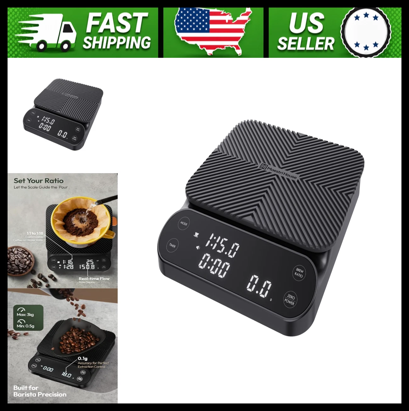 Maestri House Coffee Scale with Timer, Rechargeable Digital, Black