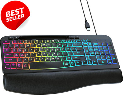 Wired Ergonomic Keyboard RGB Backlit USB Wrist Rest Wave Keys PC Mac-US