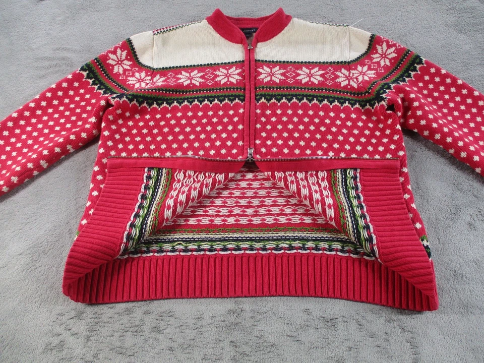Lands' End Sweater Youth Large 14-16 Red Fair Isle Full Zip Cardigan Snowflake - Image 2 of 4