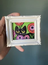 Black Cat And Flowers,Original Painting,framed,miniature,small,mini