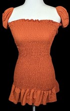 Sublime Retro Festival Burnt Orange Ruched Lace Back Mini Dress