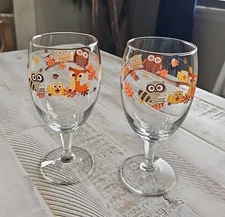 Set of 2 Libby Owls Fox Squirrel Raccoon Vintage Libby Water/Wine Goblet Glasses