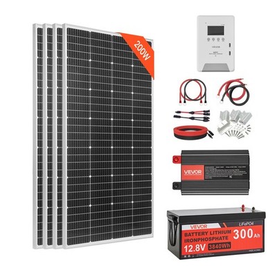 800W 12V Complete Solar Power Kit, 4*200W Monocrystalline Solar Panels + 12.8V 3