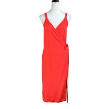 Everlane 2 Tangerine Orange Japanese Go Weave Sleeveless Tank Midi Wrap Dress