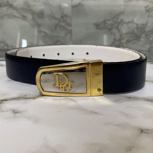 Authentique ceinture Christian Dior cuir bleu marine blanc pour 77 78 cm larg,9 cm