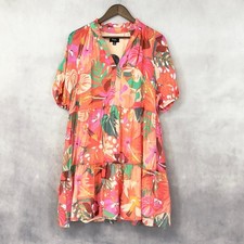 MSK Tropical Floral Tiered Mini Dress Women Large Orange Multi Flowy Boho Resort