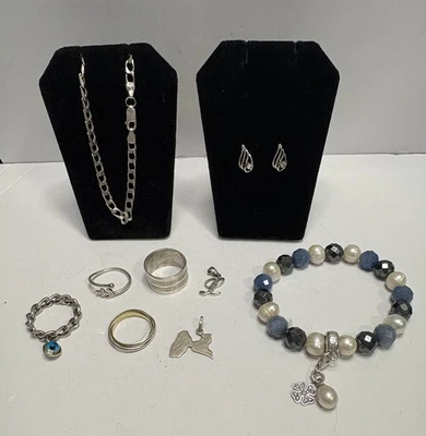 Mixed Jewelry Lot Vintage/Modern Sterling Silver Rings Chain Earrings Pearl Bead - Image 1 of 2