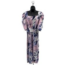 Shein Curve Midi Dress Womens 2XL Pink Blue Abstract Print Puff Sleeve Belted