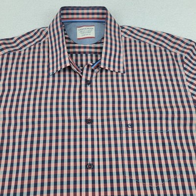 Casa Moda Shirt Mens XL Blue Pink Plaid Comfort Fit Button Up Long Sleeve Cotton
