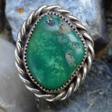 Vint Navajo Ring Green Turquoise with Pyrite Size 6.25 Sterling Silver Handmade