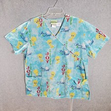 Baby Looney Tunes Women Scrub Top Large Blue Tweety Joy to the World Peace